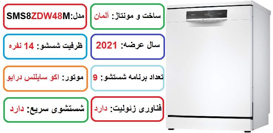 مشخصات اصلی ماشین ظرفشویی SMS8ZDW48M سفید در راضی کالا