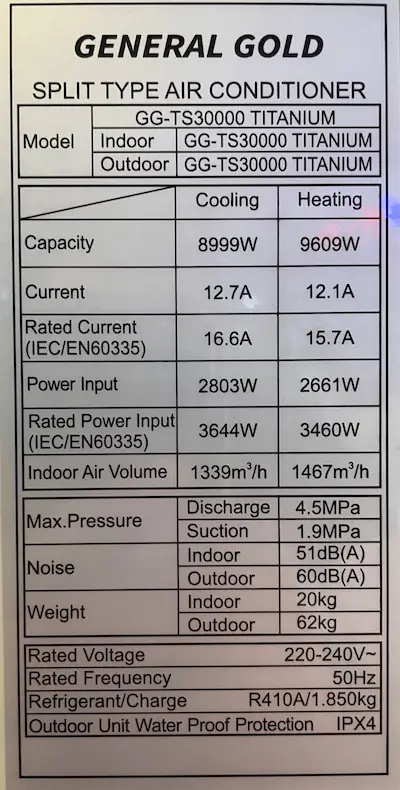 مشخصات فنی کولر گازی 30000 جنرال گلد تیتانیوم
