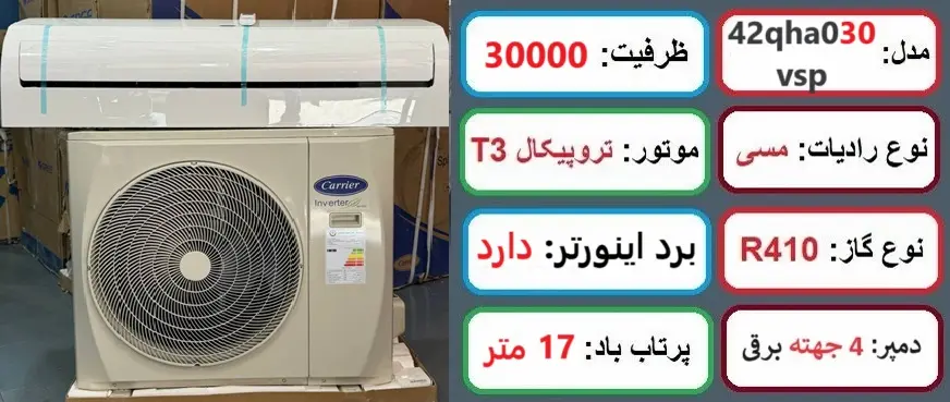 مشخصات کولر گازی کریر 30000 اینورتر در راضی کالا