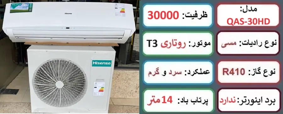 مشخصات اصلی کولر گازی 30 هزار هایسنس در راضی کالا